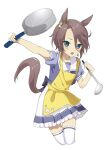  1girl absurdres amasaki333 animal_ears apron bangs blush brown_hair cropped_legs frying_pan hand_up highres holding holding_frying_pan holding_ladle horse_ears horse_girl horse_tail ladle looking_at_viewer narita_taishin_(umamusume) open_mouth outstretched_arm parted_bangs puffy_short_sleeves puffy_sleeves sailor_collar school_uniform short_hair short_sleeves simple_background skirt solo tail thigh-highs tracen_school_uniform umamusume white_background white_skirt white_thighhighs 