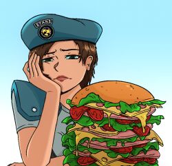  1girl absurdres beret blue_background brown_hair burger closed_mouth commentary crossed_arms derivative_work docksecky english_commentary food frown furrowed_brow gradient_background grey_shirt hat head_on_hand highres jill_valentine looking_at_food parted_bangs police police_uniform resident_evil resident_evil_1 shirt short_hair shoulder_pads solo too_much_burger too_much_food upper_body 