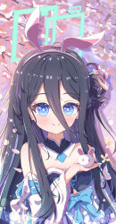  1girl absurdres animal_ear_hairband animal_ears aris_(blue_archive) artist_name black_hair black_hairband blue_archive blue_eyes blush breasts chinese_clothes clothing_request colorful commentary_request detached_collar double-parted_bangs dress fake_animal_ears flower hair_between_eyes hairband halo highres holding incredibly_absurdres long_hair long_hair_between_eyes long_sleeves looking_at_viewer loosely_tucked_bangs nacoko off-shoulder_dress off_shoulder one_side_up rabbit rabbit_ear_hairband rabbit_ears rectangular_halo ringed_eyes small_breasts smile solo white_dress white_flower 