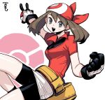  1girl arm_up bag bandana black_gloves black_shorts blue_eyes blush brown_hair clenched_hand gloves grey_gloves hair_between_eyes highres holding holding_poke_ball looking_at_viewer may_(pokemon) medium_hair multicolored_clothes multicolored_gloves open_mouth outline poke_ball poke_ball_(basic) pokemon pokemon_(game) red_headwear short_shorts shorts signature skindentation solo teeth upper_teeth v white_outline yellow_bag ztoriataming 