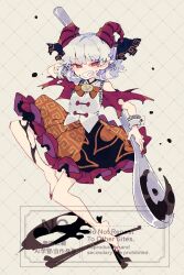  1girl @_@ alternate_costume barefoot blush bow bowtie commentary_request curly_hair detached_sleeves earrings frilled_skirt frills full_body grey_hair grin highres holding holding_spoon hoop_earrings horn_ornament horn_ribbon horns jewelry looking_at_viewer meandros medium_hair nail_polish nikorashi-ka orange_bow orange_bowtie orange_skirt oversized_object petroleum pointy_ears red_eyes red_horns red_nails red_sleeves ribbon sheep_horns shirt skirt sleeveless sleeveless_shirt smile solo spoon toenail_polish toenails toes touhou toutetsu_yuuma watermark white_shirt 