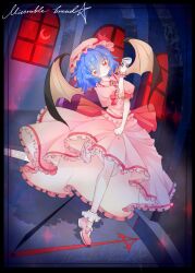  1girl absurdres artist_name ascot back_bow bat_wings blue_hair bow chinese_commentary commentary_request crescent_moon cup frilled_skirt frills full_body hat hat_ribbon highres holding holding_cup indoors looking_at_viewer medium_hair mob_cap moon pan_zhi_mian_bao pink_hat pink_shirt pink_shoes pink_skirt red_ascot red_bow red_eyes red_sky remilia_scarlet ribbon shirt shoes skirt skirt_set sky sleeve_bow solo teacup touhou window wings 