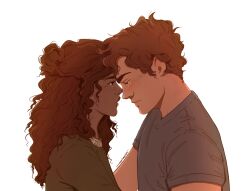  anxiouspineapples blush brown_hair couple dark-skinned_female dark_skin heads_together light_blush long_sleeves looking_at_another marvel michelle_"mj"_jones peter_parker short_sleeves spider-man spider-man_(series) 
