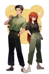  1boy 1girl absurdres bag belt black_belt black_hair black_pants black_shirt blush bracelet closed_mouth collared_shirt cross-laced_shoes crossed_bangs double-parted_bangs earrings facial_hair full_body goatee_stubble green_pants green_shirt hair_between_eyes hand_in_pocket highres holding_strap jeehyung_seo jewelry long_hair long_sidelocks makise_kurisu multicolored_shoes okabe_rintarou pants red_hair science_adventure shirt shirt_tucked_in shoes short_hair short_sleeves shoulder_bag sidelocks sneakers speech_bubble spoken_blush spoken_sweatdrop steins;gate stubble sweatdrop two-tone_shoes very_long_hair violet_eyes white_background white_shoes yellow_eyes 