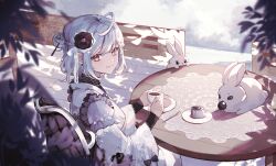  1girl ahoge blue_hair blurry blurry_foreground closed_mouth cropped cup doily drink flower food hair_bun hair_flower hair_ornament highres holding holding_cup indie_virtual_youtuber krasa0 leaf long_sleeves looking_at_viewer official_art pink_eyes plate rabbit rengyuan second-party_source shadow short_hair single_hair_bun smile solo split_mouth spoon table textless_version virtual_youtuber wooden_table 