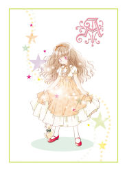  1girl brown_hair cat commentary_request curly_hair floral_print floral_print_skirt full_body hair_ribbon holding_own_skirt kamiya_kaori light_particles long_hair mary_janes orange_ribbon orange_skirt original pantyhose pink_eyes print_skirt puffy_short_sleeves puffy_sleeves red_shoes ribbon shoes short_sleeves skirt solo star_(symbol) white_pantyhose 