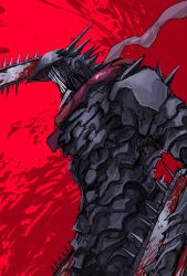  blood blood_on_weapon blood_splatter chainsaw chainsaw_devil chainsaw_man demon_horns extra_arms gigan_(gigan1024896) highres horns intestine_clothing intestines multiple_weapons pochita_(chainsaw_man) red_background scarf sharp_teeth simple_background spikes teeth weapon 