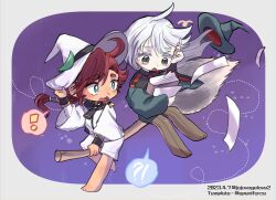 !? ? artist_name asticassia_school_uniform black_hat black_pantyhose book broom broom_riding commentary_request dated dotted_line grey_jacket grey_shorts gundam gundam_suisei_no_majo hat highres holding holding_book ing'yeo_soyeo jacket looking_at_another miorine_rembran no_shoes open_mouth pantyhose paper purple_background red_hair school_uniform shorts speech_bubble spoken_interrobang spoken_question_mark suletta_mercury twitter_username white_hair white_hat white_jacket white_shorts witch witch_hat 