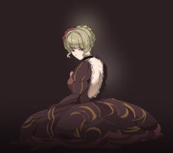  1girl backless_dress backless_outfit beatrice_(umineko) blonde_hair blue_eyes blunt_bangs braid choker closed_mouth commentary crown_braid dress english_commentary flower formal_clothes frilled_choker frills huffiestrikes red_flower red_rose rose short_hair sidelocks sitting solo umineko_no_naku_koro_ni 