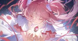 1girl absurdres bow chinese_commentary closed_eyes closed_mouth cloudyman collarbone commentary_request dress goddess_madoka hair_bow highres kaname_madoka light_rays long_dress long_hair mahou_shoujo_madoka_magica mahou_shoujo_madoka_magica_(anime) object_floating_above_hand pink_hair shining simple_background solo soul_gem_(madoka_magica) two_side_up upper_body white_bow white_dress 