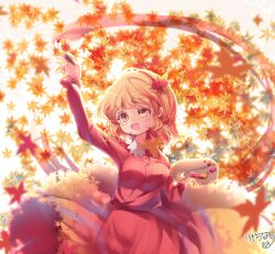  1girl aki_shizuha autumn_leaves blonde_hair breasts commentary_request hair_ornament highres holding holding_paint_palette holding_paintbrush kemo_chiharu leaf leaf_hair_ornament long_sleeves maple_leaf medium_breasts medium_hair open_mouth orange_eyes paint_palette paintbrush painting_(action) red_shirt red_skirt shirt signature skirt smile solo touhou 