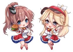  2girls absurdres blonde_hair blue_eyes brown_hair burger chibi commentary_request country_connection dress food hair_between_eyes highres holding holding_tray iowa_(kancolle) kantai_collection long_hair mashiro_yukiya multiple_girls one_side_up ponytail puffy_short_sleeves puffy_sleeves red_visor_cap saratoga_(kancolle) short_sleeves sidelocks smokestack_hair_ornament star-shaped_pupils star_(symbol) symbol-shaped_pupils tray visor_cap waitress 
