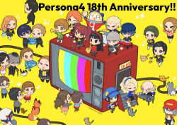  adachi_tohru amagi_yukiko anniversary bald black_hair black_jacket blonde_hair blue_hair blue_hat bottle brown_hair cane card cat crt doujima_nanako doujima_ryoutarou dress drum drum_set ebihara_ai fat fox glasses green_jacket grey_eyes grey_hair guitar hair_ornament hairclip hanamura_yousuke hat headscarf highres ichijou_kou igor_(persona) instrument izanami_(persona) jacket jiayu_long keyboard_(instrument) kitsune_(persona_4) konishi_naoki kujikawa_rise kuma_(persona_4) kuroda_hisano makeup margaret_(persona) marie_(persona_4) matsunaga_ayane minami_eri musical_note nagase_daisuke nakajima_shu nakamura_aika namatame_tarou narukami_yu notepad old old_man old_woman one_eye_closed ootani_hanako open_mouth ozawa_yumi persona persona_4 pink_dress pointy_ears red_hat red_shirt running satonaka_chie saxophone scar scar_on_face scar_on_forehead school_uniform shirogane_naoto shirt singing tambourine tarot tarot_card tatsumi_kanji test_card trumpet twintails twitter_username uehara_sayoko veil water_bottle white_headscarf yasogami_school_uniform yellow_background 