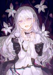  1girl bang_dream! bang_dream!_our_notes commentary cowboy_shot dress flower frilled_sleeves frills grey_shawl hair_ornament hairclip hands_up highres ijtwzpdemdicscq long_hair looking_at_viewer open_mouth plant shawl shiomi_hotaru sidelocks smile solo vines violet_eyes white_dress white_flower white_hair 