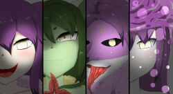  1girl :3 absurdres black_sclera blush closed_mouth colored_sclera colored_skin column_lineup commentary_request daji_(shrift) fang flower green_hair green_skin hair_between_eyes highres long_hair long_tongue looking_at_viewer monster_girl nyacoate open_mouth pale_skin plant plant_girl portrait purple_fur purple_hair purple_skin shrift_(series) slime_(substance) slime_girl slit_pupils smile tongue tongue_out yellow_eyes 