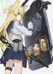  1girl animal_ears assault_rifle belt bento blonde_hair blue_archive blue_eyes character_request food fox_ears gloves gun rifle riot_shield school_uniform shield simple_background solo tactical_clothes weapon white_background wss_(32656138) 
