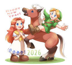  1boy 1girl absurdres animal aogaeru_(pixiv46613656) belt blonde_hair blue_eyes boots brown_boots chinese_zodiac commentary_request dress epona green_hat happy_new_year hat highres horse link malon open_mouth rearing smile the_legend_of_zelda the_legend_of_zelda:_ocarina_of_time year_of_the_horse young_link young_malon 