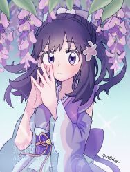  1girl absurdres black_hair blue_background dawn_(new_year's_2023)_(pokemon) detached_sleeves flower hair_flower hair_ornament highres hikari_(pokemon) japanese_clothes kimono long_hair looking_at_viewer official_alternate_costume pink_ribbon pokemon pokemon_diamond/pearl/platinum pokemon_masters_ex ponytail purple_kimono purple_sash ribbon sandora_(karugamo_no_e) sash simple_background solo upper_body violet_eyes wisteria 