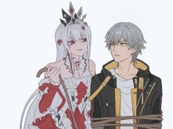  aha_(honkai:_star_rail) black_coat blue_valentain caelus_(honkai:_star_rail) coat collarbone commentary commission crown detached_sleeves diamond_hair_ornament dress english_commentary grey_hair hair_ornament highres holding holding_rope honkai:_star_rail honkai_(series) hood hooded_coat long_hair open_clothes open_coat parted_lips rope second-party_source shirt simple_background sleeve_bow smile t-shirt trailblazer_(honkai:_star_rail) two-sided_coat two-sided_fabric two-tone_dress upper_body violet_eyes white_background white_hair yellow_coat yellow_eyes 