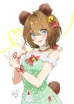  1girl absurdres animal_ears artist_logo artist_name bangs bare_shoulders bear_ears bear_tail bell blue_eyes blush breasts brown_hair buttons double_v fang green_shirt hair_bell hair_ornament hands_up heart highres honey_miel indie_virtual_youtuber looking_at_viewer open_mouth shirt short_hair simple_background small_breasts smile solo tail teeth upper_body v white_background yanyo_(ogino_atsuki) 