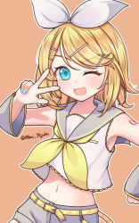  08mi_75john 1girl belt blonde_hair blue_eyes blue_nails bow breasts commentary_request detached_sleeves fang grey_sailor_collar grey_shorts grey_sleeves hair_bow hair_ornament hairclip kagamine_rin looking_at_viewer midriff navel neckerchief number_tattoo one_eye_closed open_mouth parallel_hairclips sailor_collar shirt short_hair shorts skin_fang sleeveless sleeveless_shirt small_breasts tattoo treble_clef twitter_username vocaloid w white_bow white_shirt yellow_belt yellow_neckerchief yellow_trim 