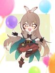  1girl :d ahoge ankle_boots asymmetrical_legwear balloon bangs belt birthday boots brown_capelet brown_cloak brown_corset brown_eyes brown_hair cape capelet cloak corset feather_hair_ornament feathers gloves hair_ornament hairclip happy_birthday highres hololive hololive_english jumping knee_strap kneehighs lantern long_hair multicolored_hair nanashi_mumei neru_(flareuptf1) partially_fingerless_gloves pleated_skirt ponytail pouch red_skirt ribbon shirt simple_background single_kneehigh single_sock single_thighhigh skirt smile socks streaked_hair teeth thigh-highs thigh_strap upper_teeth very_long_hair virtual_youtuber white_shirt 