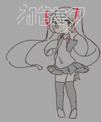  absurdres black_boots black_skirt boots character_logo character_name commentary deformed floating_hair grey_background hatsune_miku highres long_hair necktie partially_colored pleated_skirt sakamoto_ahiru shirt sketch skirt sleeveless sleeveless_shirt standing thigh_boots twintails untranslatable_commentary very_long_hair vocaloid 