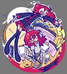  2girls :d ahoge analog_clock black_boots black_shirt black_skirt black_sleeves boots clock commentary detached_sleeves drill_hair dual_persona english_commentary falling_money floating grey_background grey_shirt grey_shorts hair_between_eyes highres holding holding_pickaxe kasane_teto kasane_teto_(utau) long_hair money multiple_girls outline paper_stack pickaxe pleated_skirt red_eyes red_hair red_trim seven_dollars_(synthesizer_v) shaded_face shirt shorts skirt skirt_set sleeveless sleeveless_shirt smile sparkle sweatdrop t-shirt thigh_boots twin_drills utau virtubear white_outline window_(computing) 