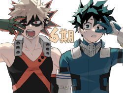  2boys aqua_hair aqua_pupils arm_at_side arm_up bad_id bad_pixiv_id bakugou_katsuki bare_shoulders black_mask blonde_hair blue_bodysuit blue_eyes blue_gloves bodysuit boku_no_hero_academia collarbone commentary_request cut_(nifuhami_35) eye_mask eyebrows_hidden_by_hair finger_counting freckles gloves green_gloves grey_mask half-closed_eye headgear highres inward_w looking_at_viewer male_focus mask mask_around_neck metal_mask middle_w midoriya_izuku mouth_mask multicolored_gloves multiple_boys open_mouth orange_gloves partial_commentary red_eyes short_hair side-by-side simple_background spiky_hair straight-on tank_top translation_request turtleneck turtleneck_bodysuit two-sided_gloves two-tone_gloves uneven_eyes upper_body v-neck w w_over_eye white_background white_gloves x_(symbol) 