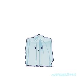  1boy :> aracanthusdraws black_eyes blanket_cape closed_mouth full_body genshin_impact ghost_costume halloween_costume highres male_focus scaramouche_(genshin_impact) solid_circle_eyes solo standing twitter_username under_covers v-shaped_eyebrows wanderer_(genshin_impact) white_background 