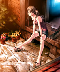  1girl architecture computer east_asian_architecture evening geta glasses hair_tie hands_on_own_thighs laptop looking_at_viewer original plant potted_plant red_tank_top rezi sitting tank_top veranda 