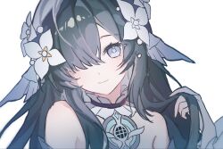  1girl aqua_hair bare_shoulders blue_eyes choker collar commentary detached_collar detached_sleeves earrings fins flower frilled_collar frills gem genshin_impact grey_choker hair_flower hair_ornament hair_over_one_eye head_fins highres holding_own_hair jewelry light_smile long_hair merfolk mermaid monster_girl one_eye_covered pearl pearl_hair_ornament portrait samil_31 silver_choker smile untranslatable_commentary very_long_hair vodyanitsa_(genshin_impact) white_collar white_flower 