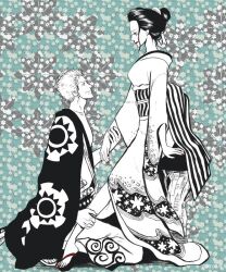  1boy 1girl chonmage commentary_request geisha greyscale_with_colored_background hair_ornament haori_on_shoulders holding_hands japanese_clothes kanzashi kimono nico_robin nihongami obi one_piece profile red_lips red_nails roronoa_zoro sash sideburns smile suexue topknot wide_sleeves 