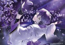  1boy black_gloves commentary company_name concert copyright_notice crowd falling_petals floral_print flower from_behind gloves glowstick green_eyes hand_up headset japanese_clothes kenmochi_touya kenmochi_touya_(10th_costume) kimono long_sleeves looking_at_viewer looking_back male_focus nijisanji obi penlight_(glowstick) petals print_kimono purple_flower purple_hair purple_sash sample_watermark sash short_hair smile solo stage sumi_(n29250) virtual_youtuber watermark watermark_grid white_kimono wide_sleeves wisteria 