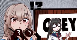  !? 2girls bespectacled black_hair blue_sailor_collar brown_eyes brown_hair commentary_request emphasis_lines glasses hair_ornament hairclip holding holding_removed_eyewear independence_(kancolle) kantai_collection long_hair multiple_girls necktie ooyodo_(kancolle) opaque_glasses parody portrait red_necktie sailor_collar school_uniform serafuku shirt shouhou-san_daisuki_teitoku sunglasses sweat tan they_live unworn_eyewear white_shirt 