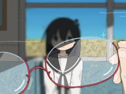  2girls black_hair black_sailor_collar blue_eyes blue_sky blurry blurry_background blurry_vision commentary english_commentary eyewear_view field hair_between_eyes highres holding holding_removed_eyewear indoors jitome long_hair long_sleeves looking_at_viewer multiple_girls mushroom_on_head parisetya pov pov_hands red-framed_eyewear sailor_collar school_uniform semi-rimless_eyewear serafuku shimeji_simulation shirt sky sparkle standing tsukishima_shijima unworn_eyewear upper_body white_shirt yamashita_majime 