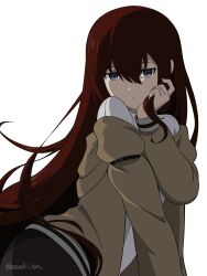  1girl @_@ absurdres brown_coat closed_mouth coat commentary grey_eyes hand_on_own_face hand_up highres kanzaki_nyo long_hair looking_at_viewer makise_kurisu red_hair science_adventure shirt simple_background solo steins;gate turning_head untranslatable_commentary upper_body white_background white_shirt 