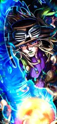  1boy absurdres arm_warmers armband artist_name ball blonde_hair blue_arm_warmers blue_eyes brown_hat brown_pants cape commentary cowboy_hat english_commentary facial_hair gloves glowing glowing_eyes goggles goggles_on_headwear green_cape green_lips gyro_zeppeli hat highres holster jojo_no_kimyou_na_bouken lipstick long_hair looking_at_viewer makeup male_focus noonvincent pants shirt short_sleeves solo steel_ball_run studded_shirt 