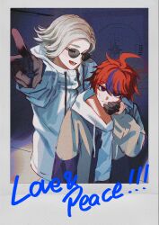  2boys absurdres ahoge aotsuki_eito black_gloves blue_eyes blue_hair closed_eyes closed_mouth commentary_request drawstring english_text film_grain fug_uai gloves grey_hair grey_jacket hair_between_eyes hand_on_another's_cheek hand_on_another's_face high_collar highres holding_hands hood hood_down hoodie indoors jacket jacket_over_hoodie long_sleeves male_focus multicolored_hair multicolored_jacket multiple_boys open_clothes open_jacket open_mouth pointing pointing_at_viewer polaroid_photo purple_jacket red_hair short_hair smile streaked_hair sumino_takumi sunglasses sweat the_hundred_line_-last_defense_academy- two-tone_hair two-tone_jacket white_hoodie white_jacket zipper_pull_tab 