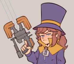  1girl a_hat_in_time arm_behind_back blue_eyes borrowed_weapon brown_background brown_hair cape closed_mouth commentary dead_space_(series) english_commentary fujimna hair_tie hand_up hat hat_kid hat_ribbon holding holding_weapon jacket long_hair long_sleeves looking_at_viewer plasma_cutter ponytail purple_hat purple_jacket ribbon sidelocks solo top_hat trigger_discipline upper_body weapon yellow_cape yellow_ribbon zipper zipper_pull_tab 