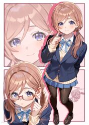  1girl alternate_hairstyle bespectacled blazer blue_jacket blue_ribbon blue_skirt brown_hair brown_shoes chibi chibi_inset commentary dress_shirt finger_to_cheek gakuen_idolmaster glasses highres himesaki_rinami idolmaster jacket loafers long_hair looking_at_viewer low_twintails multiple_views neck_ribbon pantyhose pleated_skirt red-framed_eyewear ribbon school_uniform semi-rimless_eyewear shinima shirt shoes skirt sweater twintails violet_eyes yellow_sweater zoom_layer 