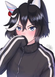  1girl absurdres animal_ears black_hair black_jacket blue_eyes blush commentary_request ear_covers hair_between_eyes hair_ornament highres horse_ears horse_girl ibitsu_yugami jacket katsuragi_ace_(umamusume) long_hair long_sleeves looking_at_viewer multicolored_hair ponytail simple_background solo streaked_hair tassel tassel_hair_ornament umamusume upper_body white_background white_hair 
