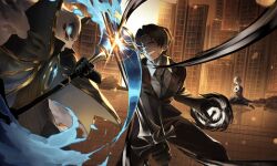 1girl 2boys absurdres angela_(project_moon) argalia_(project_moon) ascot black_ascot black_eyes black_gloves black_hair black_jacket black_necktie black_pants blue_hair clenched_teeth cloak coat collared_shirt commentary den_(oll1722230) distortion_(project_moon) duel gloves glowing gold_trim grin highres holding holding_scythe holding_sword holding_weapon jacket library library_of_ruina multiple_boys necktie pants project_moon roland_(project_moon) scythe shirt short_hair sitting smile smoke sweat sword teeth weapon white_shirt 