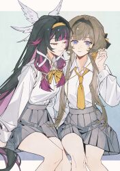  2girls bare_legs black_hair bow bowtie brown_hair columbina_(genshin_impact) commentary_request genshin_impact grey_skirt hair_intakes hair_ornament hairband highres long_hair multicolored_hair multiple_girls necktie purple_hair sandrone_(genshin_impact) school_uniform shirt sitting skirt very_long_hair white_shirt wing_hair_ornament wu_bai_(cpsv2355) yellow_bow yellow_bowtie yellow_hairband yellow_necktie 