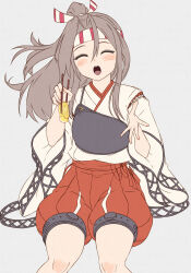  1girl chopsticks closed_eyes commentary_request facing_viewer feeding feeding_viewer food grey_background grey_hair hakama hakama_shorts headband highres invisible_chair japanese_clothes kanmiya_shinobu kantai_collection kimono muneate omelet open_mouth ponytail red_shorts round_teeth shorts sitting solo striped_headband tamagoyaki teeth upper_teeth_only white_kimono wide_sleeves zuihou_(kancolle) 