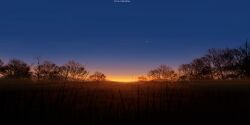 artist_name blue_sky commentary_request gradient_sky grass highres horizon iriza_katou landscape meadow moon nature no_humans orange_sky original outdoors photorealistic realistic scenery sky tree twilight 
