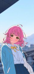  1girl absurdres ahoge aqua_jacket black_eyes blue_skirt blunt_bangs blush bow bowtie bright_pupils closed_mouth collared_shirt commentary_request highres hood hooded_jacket jacket looking_at_viewer love_live! love_live!_nijigasaki_high_school_idol_club open_clothes open_jacket outdoors pink_hair pleated_skirt shirt short_hair skirt sky smile solo tennoji_rina upper_body uyu1023 white_pupils white_shirt yellow_bow yellow_bowtie 