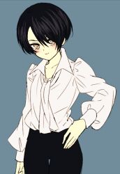  1girl akasata ashuu_shizuku black_hair black_pants blue_background closed_mouth commentary_request hand_on_own_hip light_blush long_hair looking_at_viewer mahou_shoujo_ikusei_keikaku mahou_shoujo_ikusei_keikaku_unmarked pants puffy_sleeves shirt short_hair white_shirt yellow_eyes 