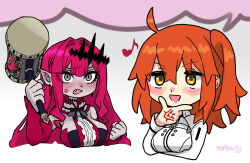  ahoge baobhan_sith_(fate) baobhan_sith_(first_ascension)_(fate) bare_shoulders blush breasts center_frills command_spell commentary_request detached_sleeves dress drooling earrings fate/grand_order fate_(series) frilled_dress frills fujimaru_ritsuka_(female) fujimaru_ritsuka_(female)_(normal_chaldea_uniform) grey_eyes hair_intakes hair_ornament hammer holding holding_hammer imagining imminent_attack jacket jewelry mizuumi_(bb) multiple_girls one_side_up open_mouth orange_eyes orange_hair pink_hair pointy_ears red_dress side_ponytail sidelocks smile tiara white_dress white_jacket 