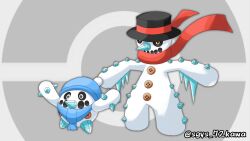  2others arms_up black_eyes black_hat blue_hat blue_scarf boater_hat buttons cacnea cacturne commentary_request fakemon full_body hat hole_on_body icicle knit_hat multiple_others poke_ball_symbol pokemon pokemon_(creature) red_scarf redesign scarf shigeyasu. snowman standing yellow_eyes 